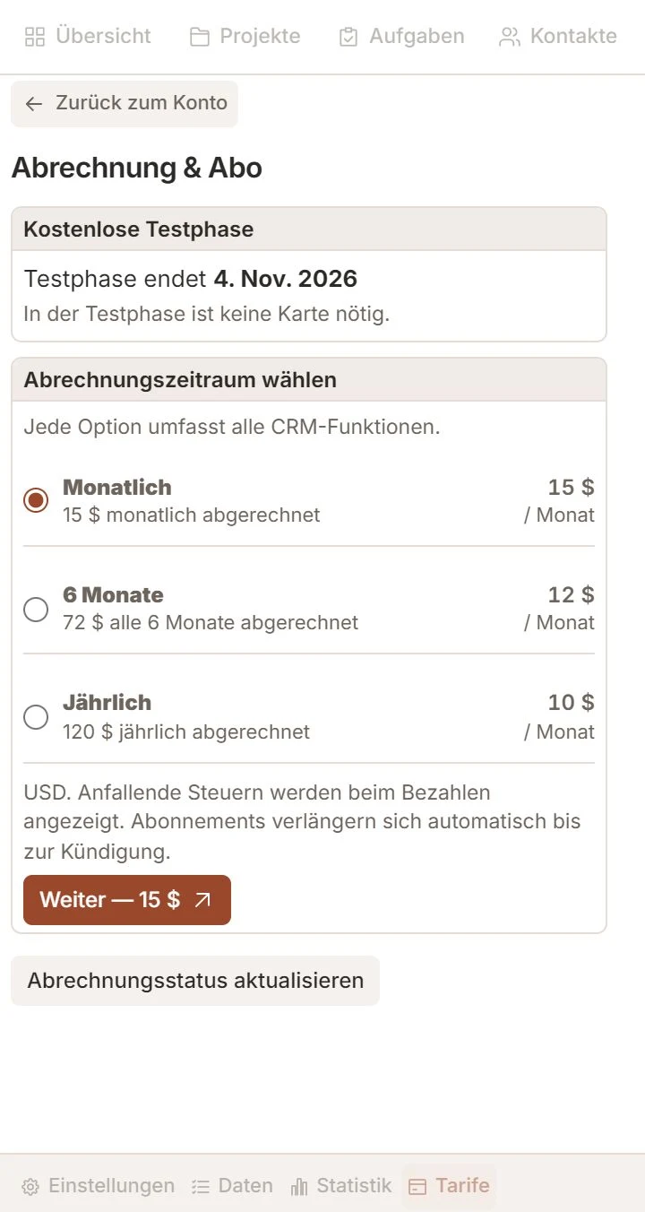 Talvu-Abonnement mit beispielhafter Testphase und drei Abrechnungszeiträumen.