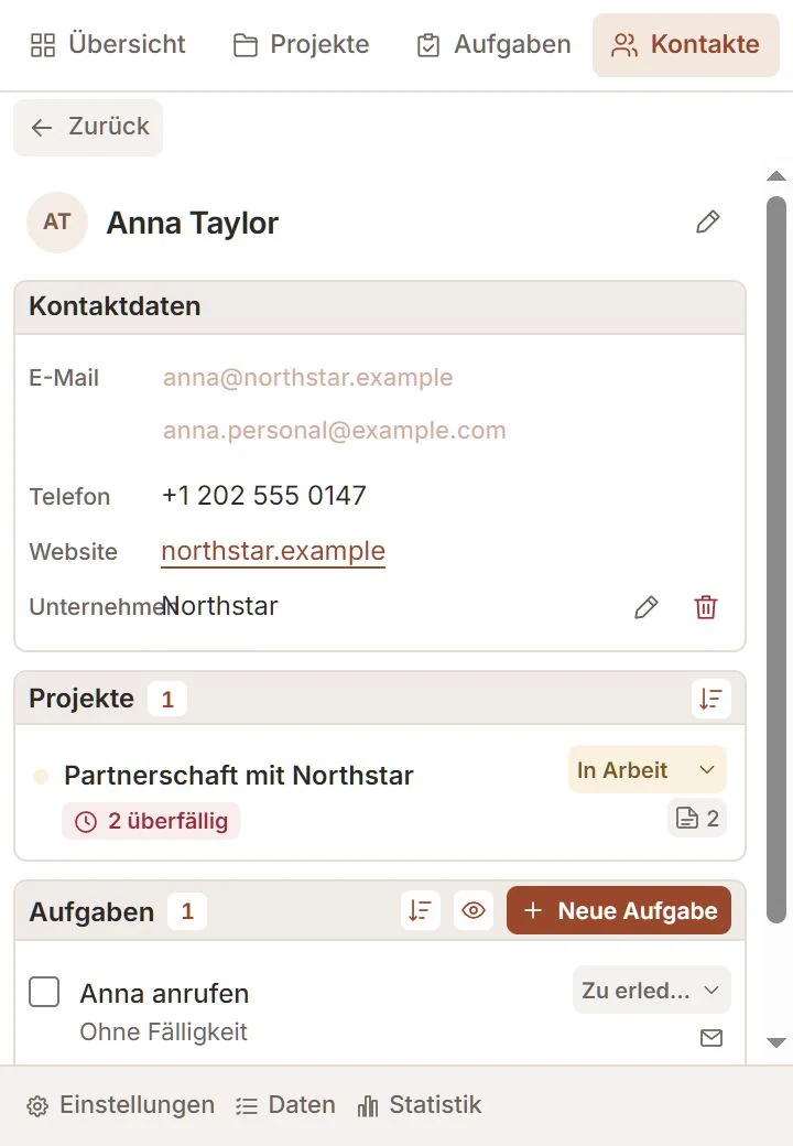 Talvu-Kontakt mit E-Mail-Adressen, Firma, Projekten und Aufgaben