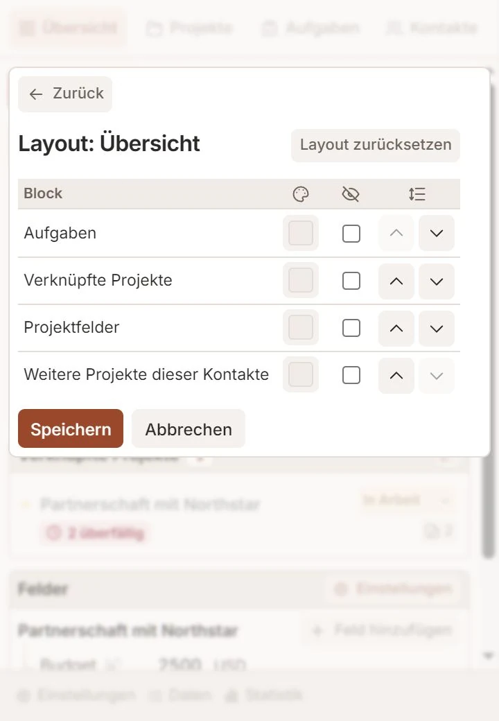 Talvu-Layouteditor mit Farben, Sichtbarkeit und Reihenfolge der Bereiche