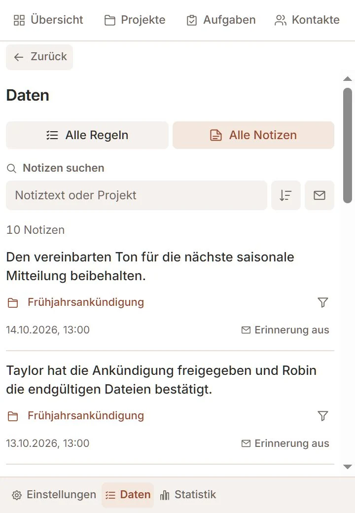 Talvu-Datenbereich mit Notizen, Projektlinks und Erinnerungsfiltern