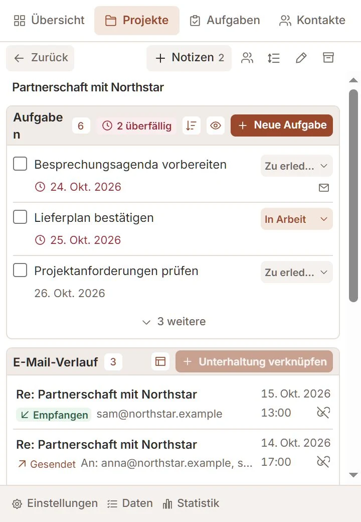 Talvu-Projekt mit Aufgaben, E-Mail-Verlauf und Notizenzugriff