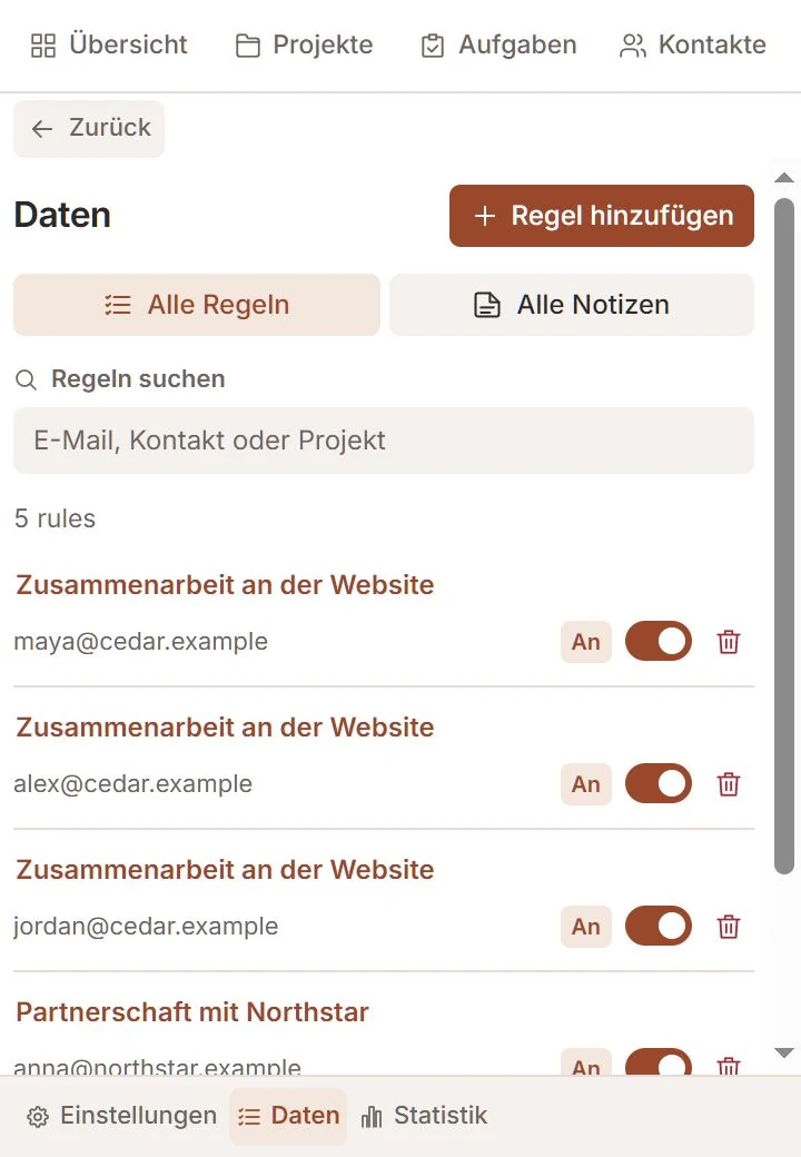 Talvu-Datenbereich mit Regeln und Schaltern zur Auto-Verknüpfung