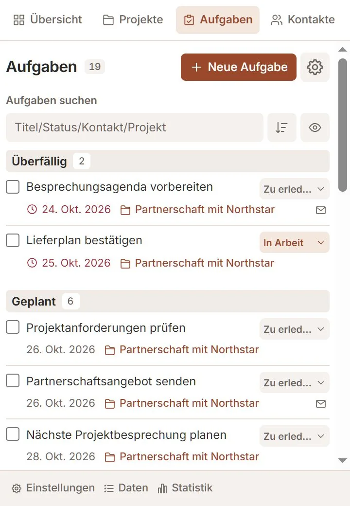 Talvu-Aufgaben mit Fristen, Status und verknüpften Projekten