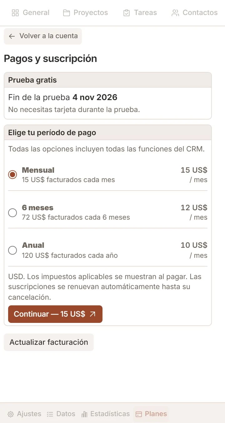 Suscripción de Talvu con una prueba ficticia y tres períodos de facturación.
