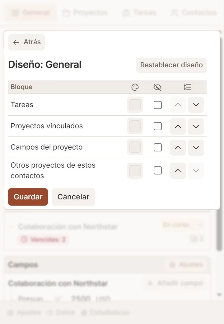 Editor real de Talvu con colores, visibilidad y orden de bloques