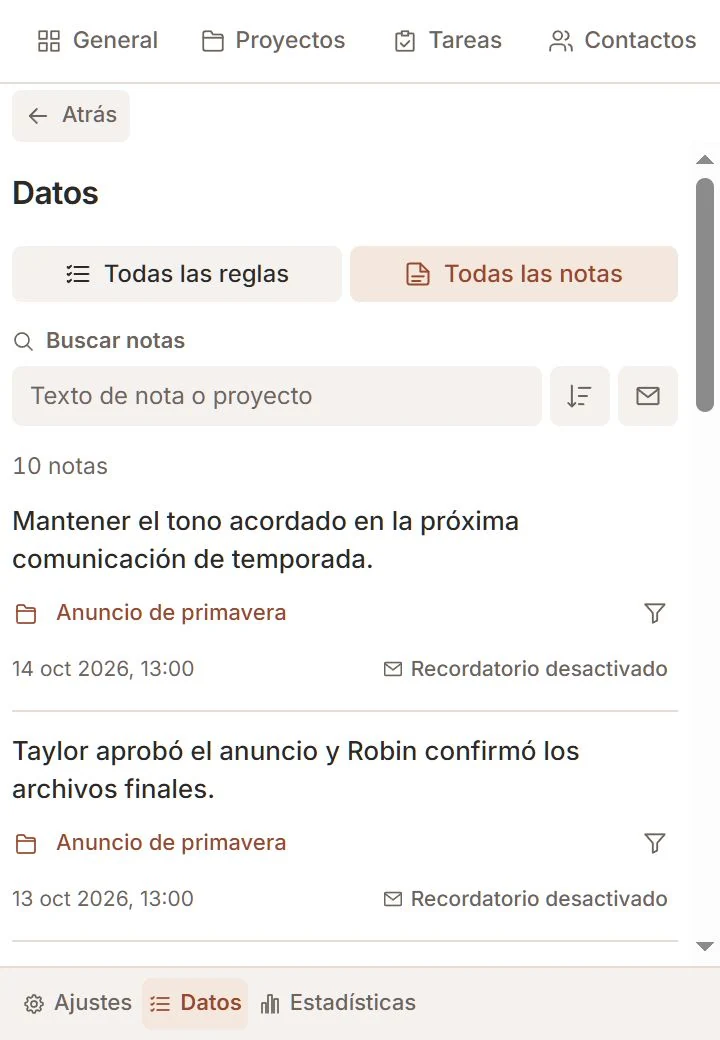 Sección Datos de Talvu con notas, enlaces a proyectos y filtros de recordatorios