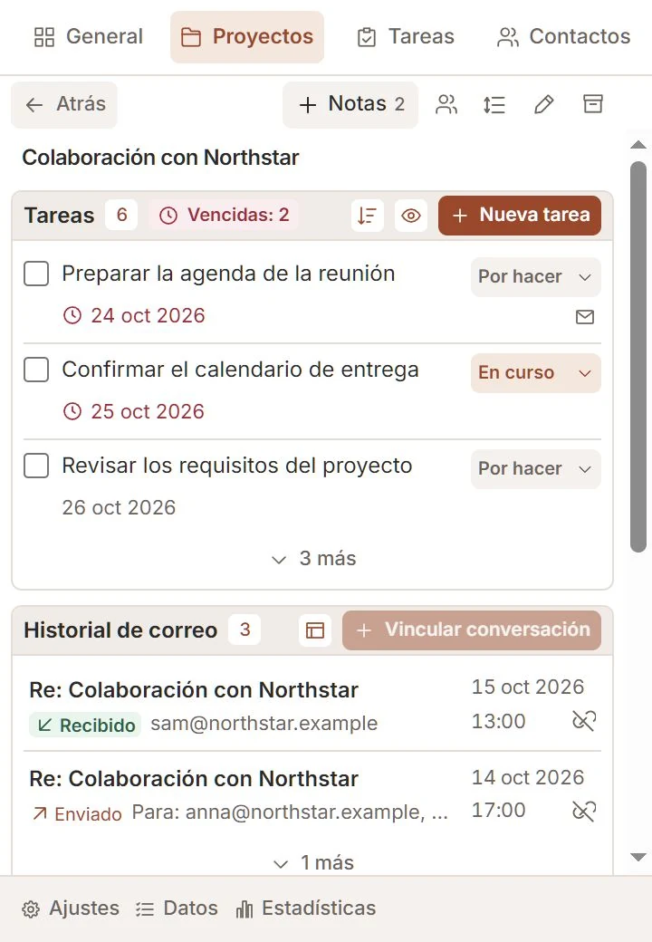 Proyecto Talvu con tareas, historial de correo y acceso a notas