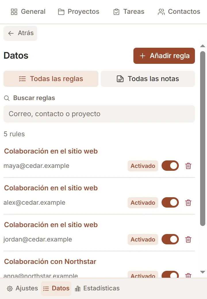 Sección Datos de Talvu con reglas e interruptores de enlace automático