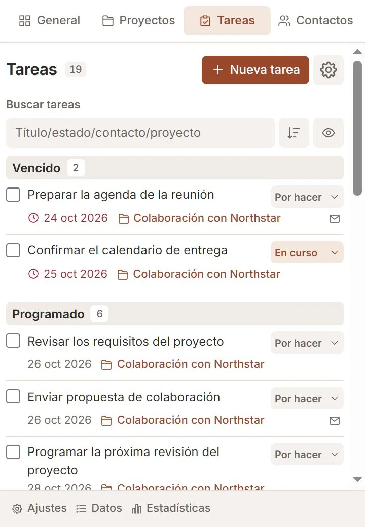 Tareas Talvu con plazos, estados y proyectos vinculados