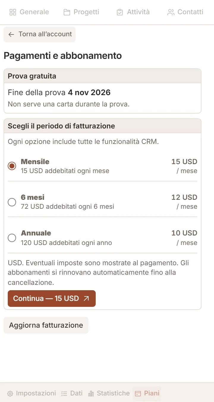 Schermata abbonamento Talvu con una prova fittizia e tre periodi di fatturazione.