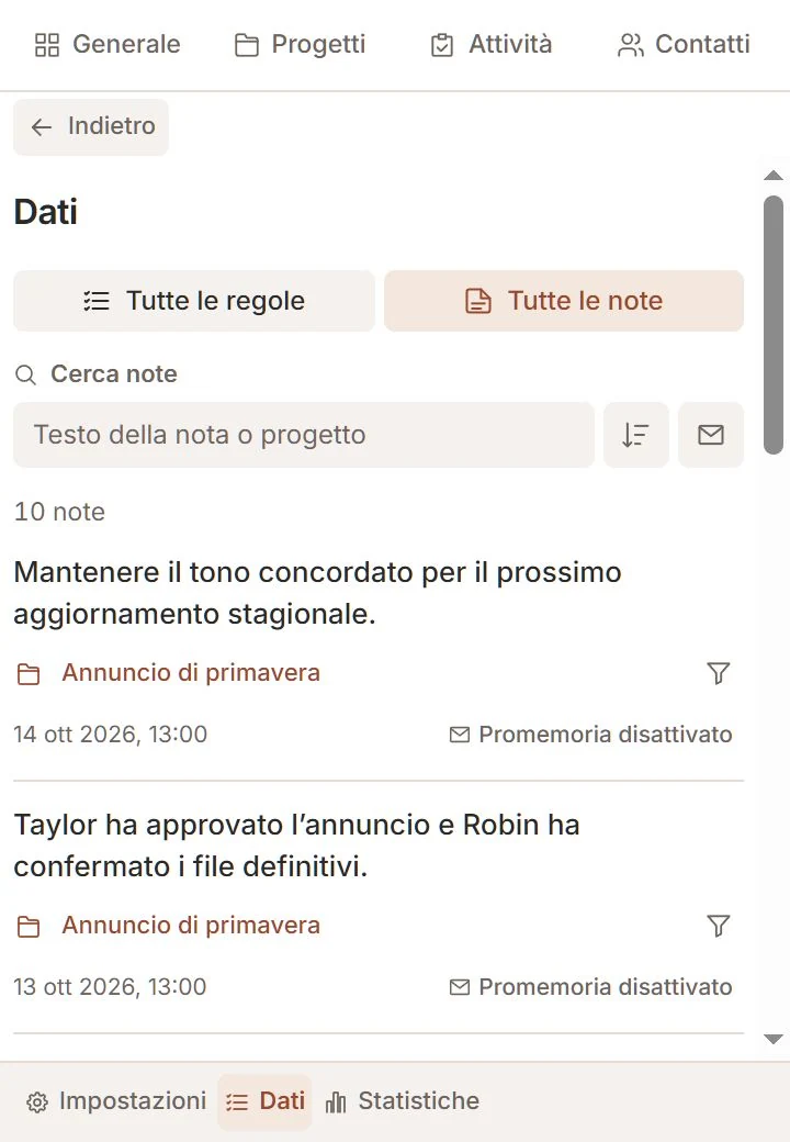 Sezione Dati di Talvu con note, progetti e filtri dei promemoria