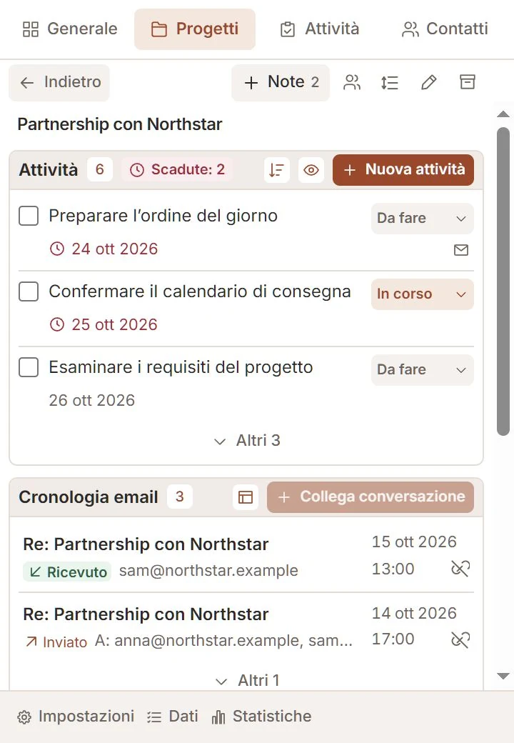 Progetto Talvu con attività, cronologia email e accesso alle note