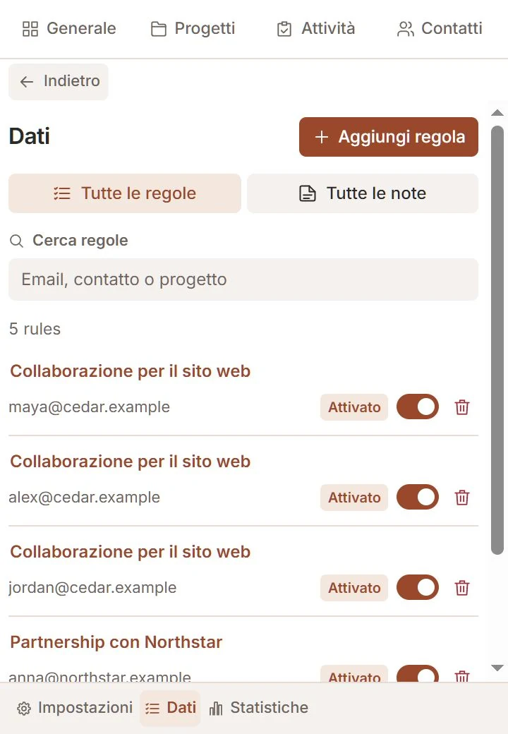 Sezione Dati di Talvu con regole di collegamento automatico