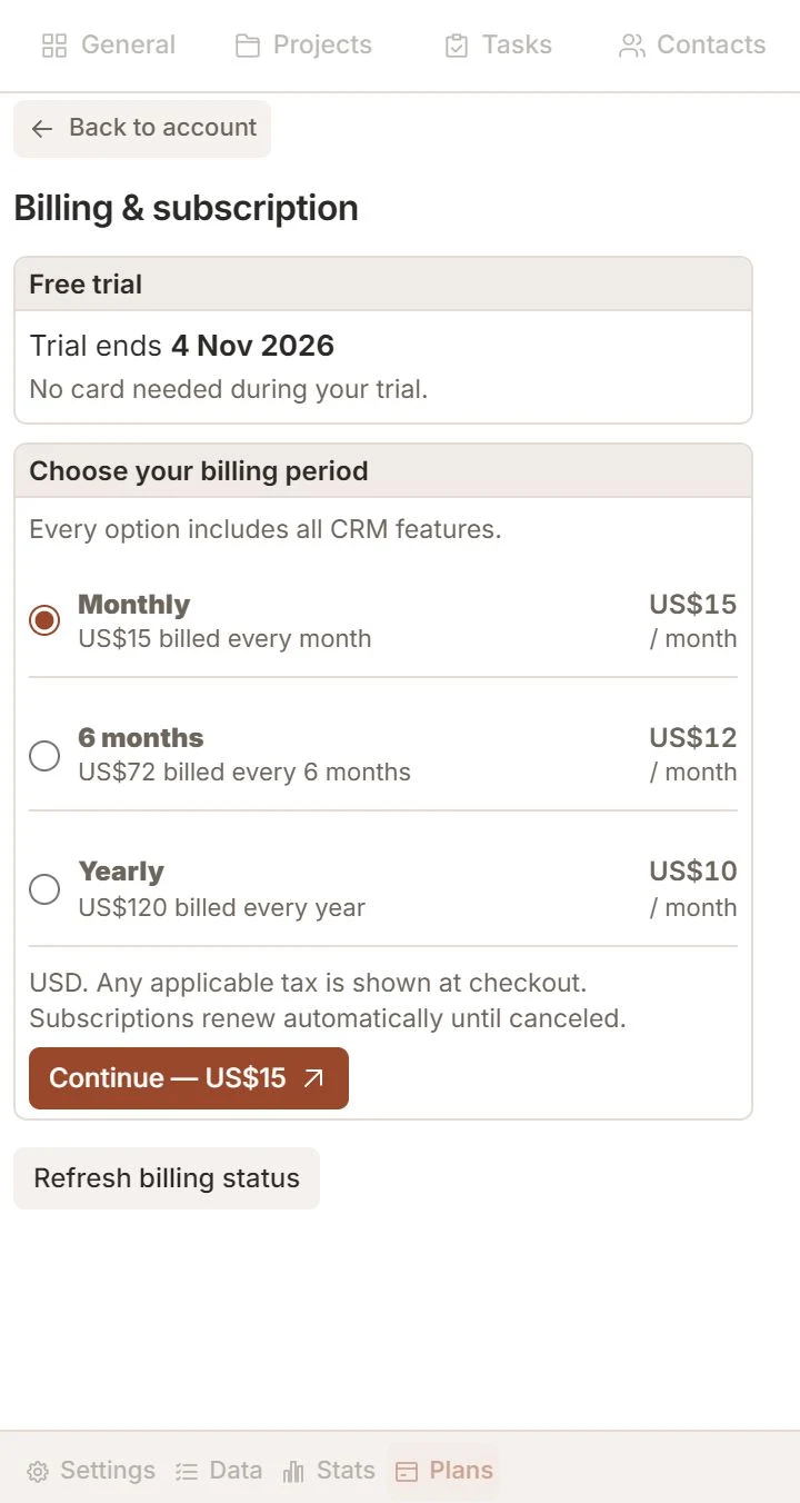 Talvu subscription screen with a fictional trial and three billing periods.