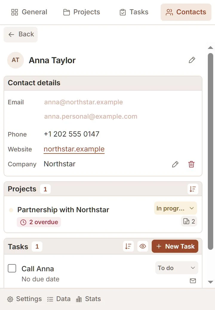 Talvu contact details with linked projects and tasks.