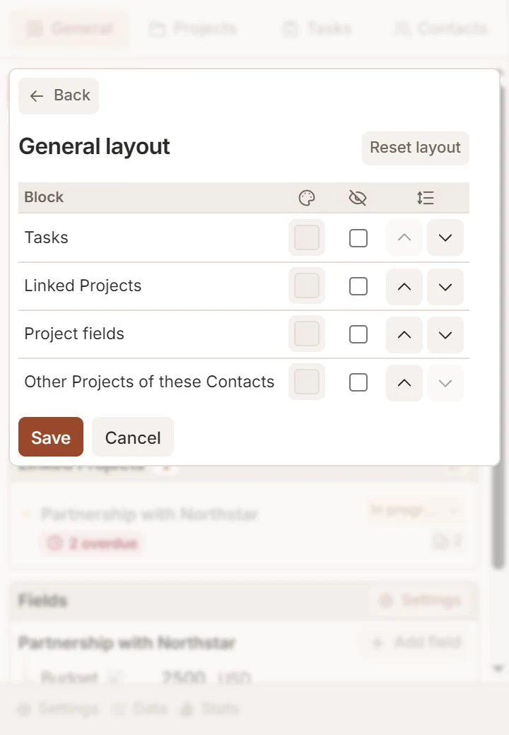 Talvu layout settings for block order, visibility and colors.