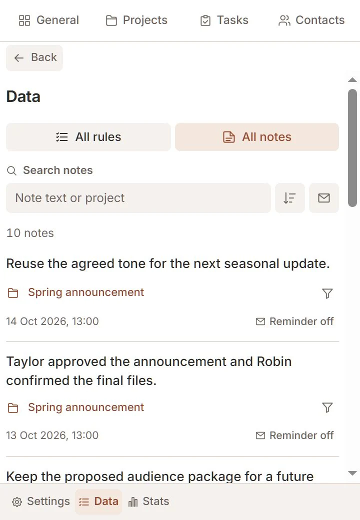 All project notes in Talvu Data, with search and reminder filters.