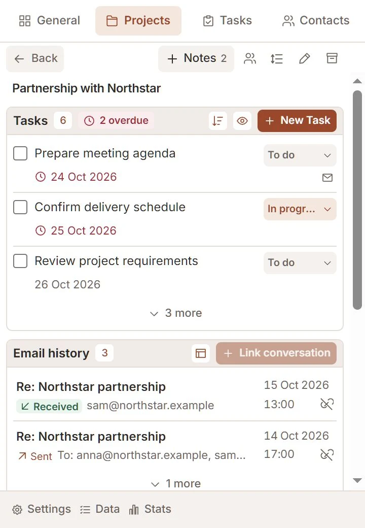 Talvu project with tasks and linked email history.