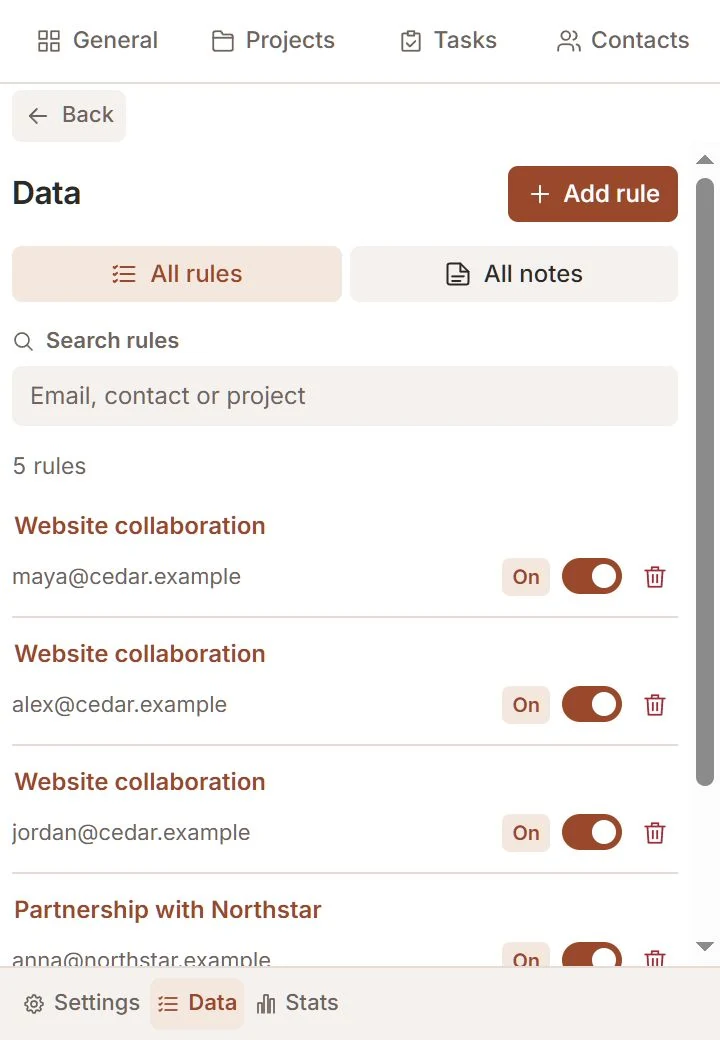 Talvu automatic linking rules with project names and email addresses.