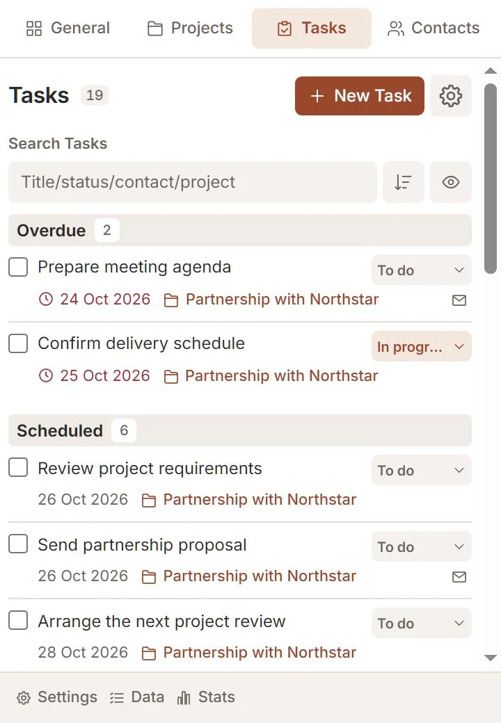 Talvu tasks grouped by due date, with statuses and linked projects.