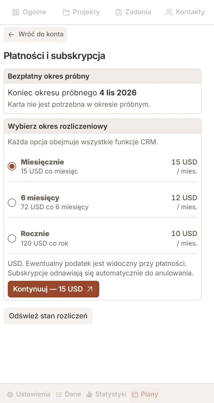Ekran subskrypcji Talvu z przykładowym okresem próbnym i trzema okresami rozliczeń.