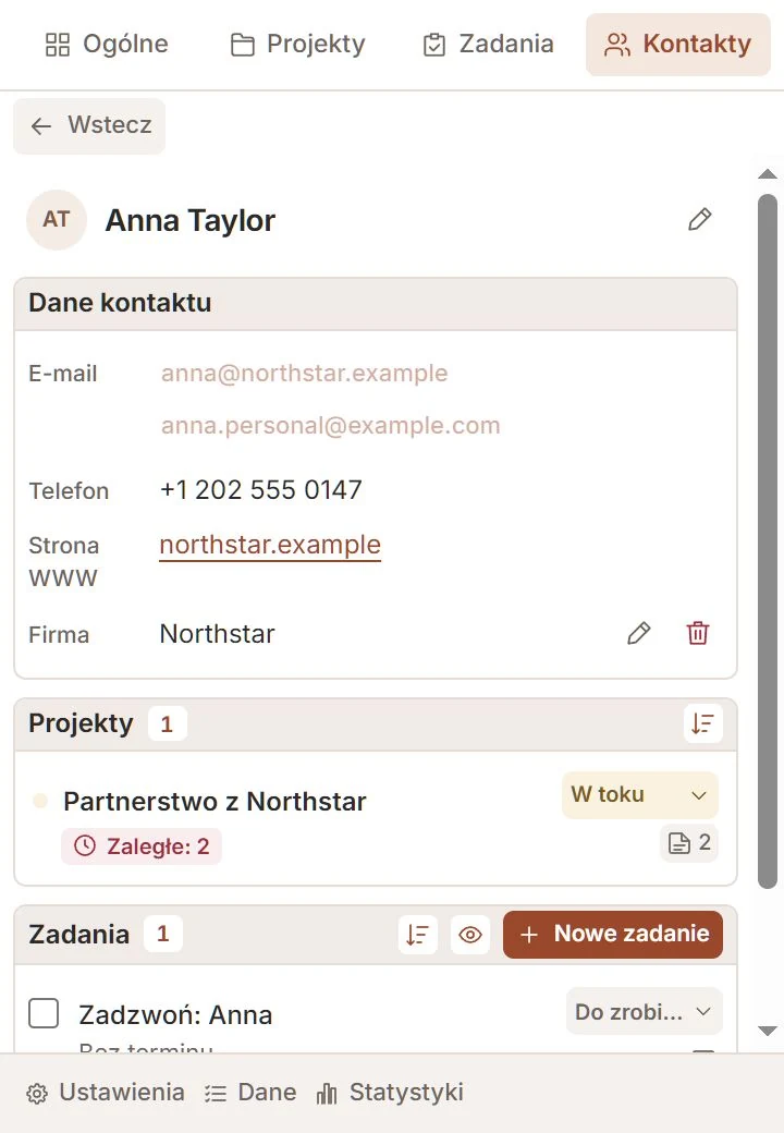 Kontakt Talvu z adresami e-mail, firmą, projektami i zadaniami