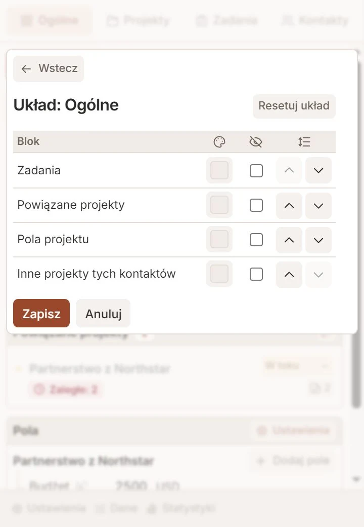 Edytor układu Talvu z kolorami, widocznością i kolejnością bloków