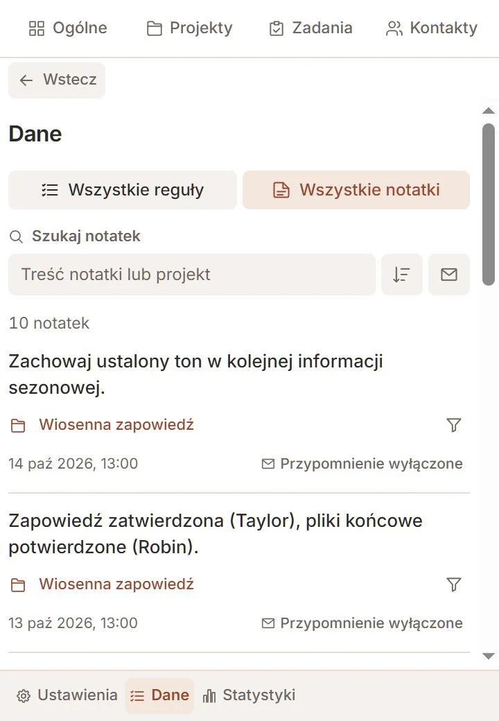 Sekcja Dane Talvu z notatkami, projektami i filtrami przypomnień