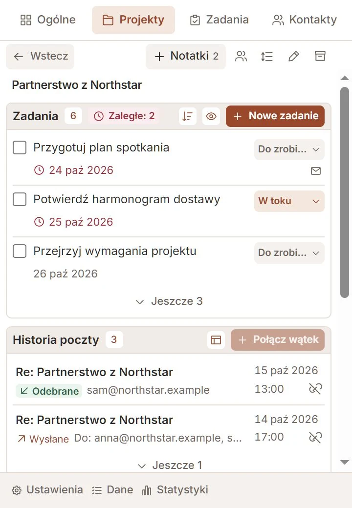 Projekt Talvu z zadaniami, historią e-maili i przyciskiem notatek