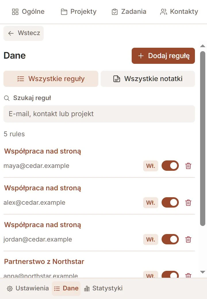 Sekcja Dane Talvu z regułami automatycznego łączenia