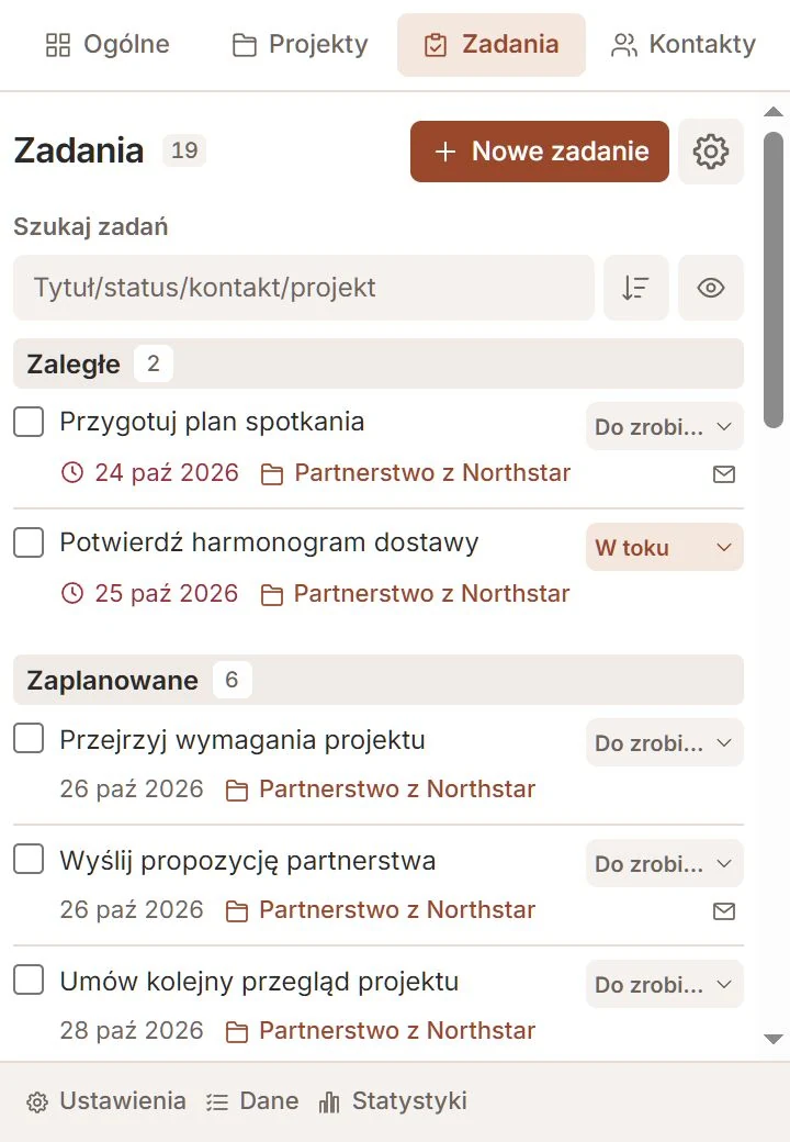 Zadania Talvu z terminami, statusami i projektami