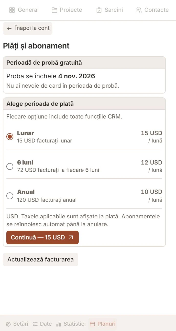Ecranul abonamentului Talvu cu o perioadă de probă fictivă și trei perioade de facturare.