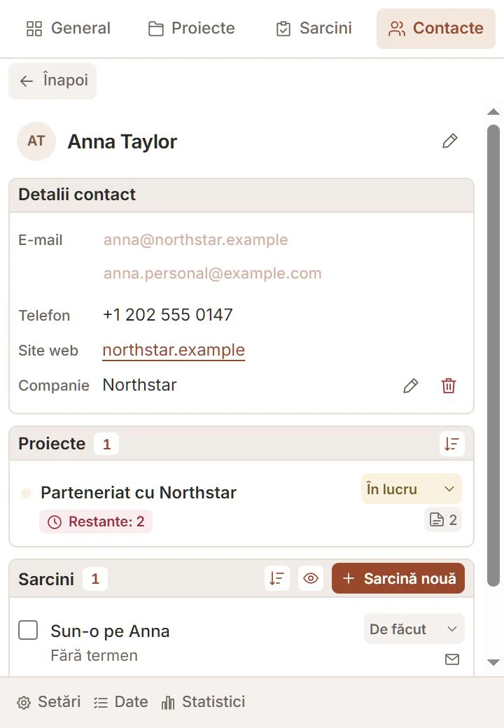 Contact Talvu cu adrese de e-mail, companie, proiecte și sarcini