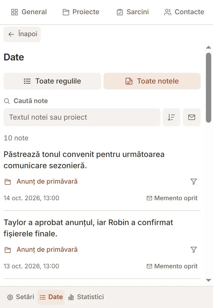 Secțiunea Date din Talvu cu note, proiecte și filtre de mementouri