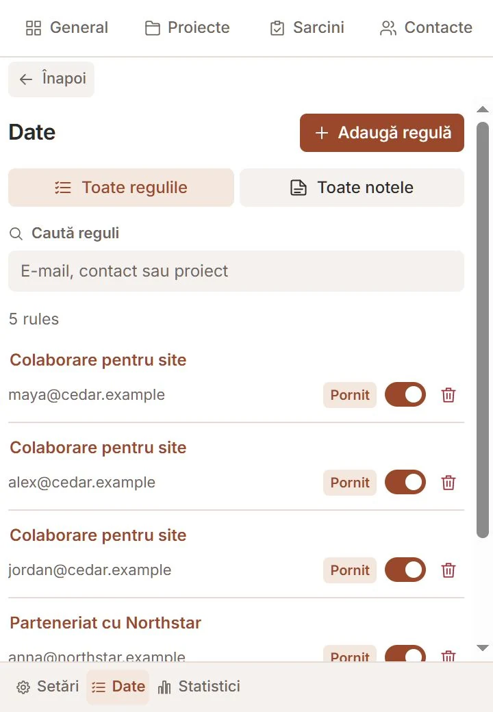 Secțiunea Date din Talvu cu reguli de asociere automată
