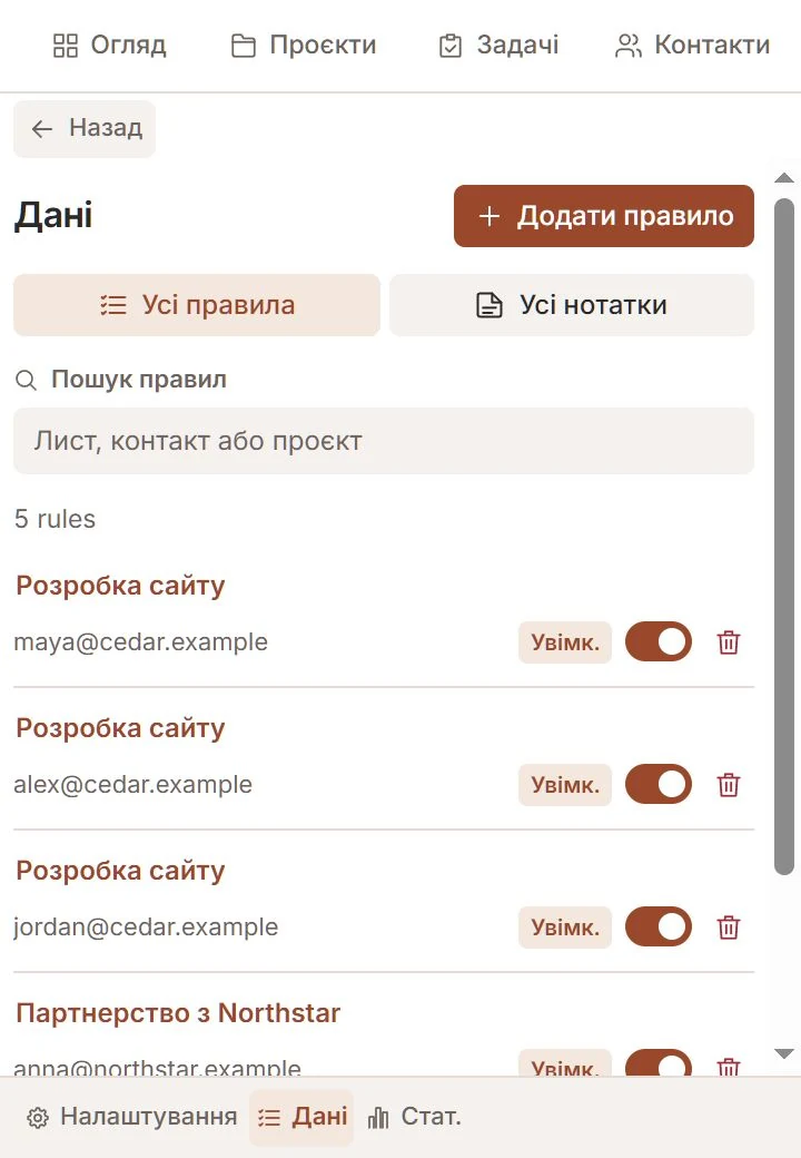 Розділ «Дані» Talvu з правилами автоприв’язки